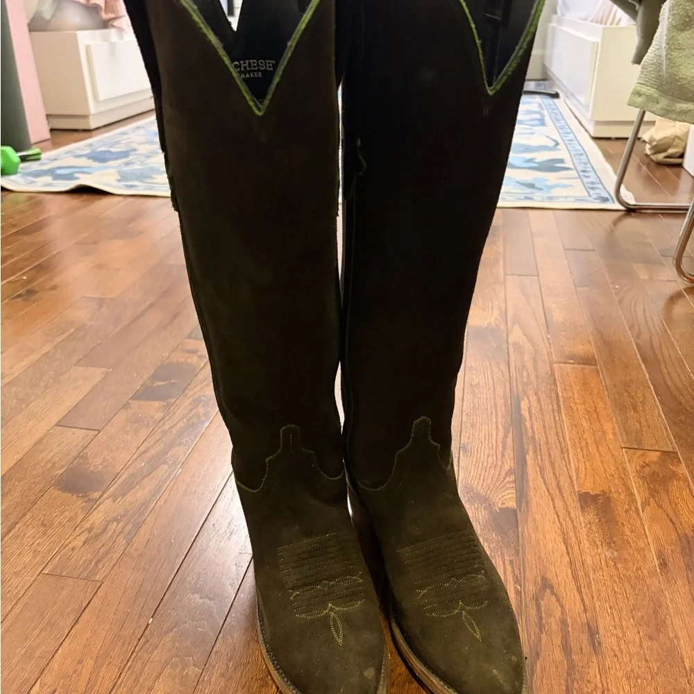 Lucchese Dark Brown Suede Edie boots with Green Stitching - Picture 3 of 11